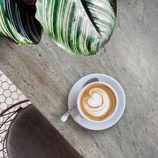 foto de una encimera de Granito Astoria Gold, una taza de caf y una planta