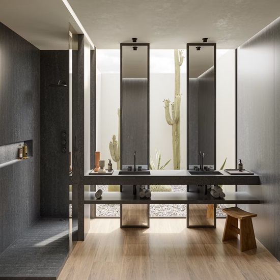un baño con revestimientos de cuarzo Silestone Raw G