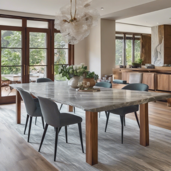 imagen de una mesa cuarcita taj mahal en una cocina moderna
