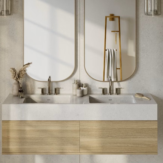 una baño con lavabo de cuarzo gris Silestone Motion Grey